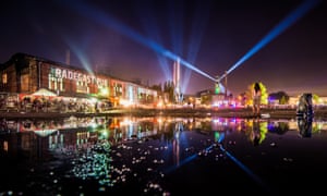 Ostrava Festival, at night, with buildings lit by coloured lights. Czech Republic