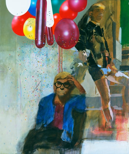Peter Blake’s Portrait of David Hockney in a Hollywood Spanish Interior, 1965, in which Blake is sitting on some steps with a young man standing behind him