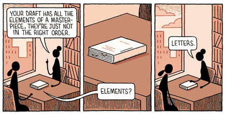 A cartoon strip showing someone getting a strange rejection for their book.