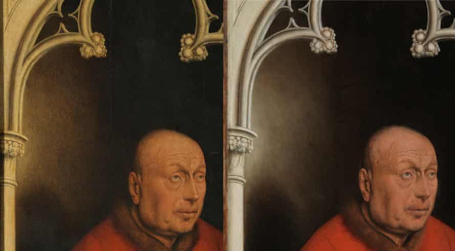Detail from a panel before, left, and after restoration.