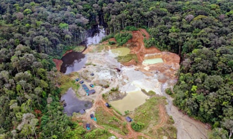 An aerial view of an illegal gold mine in Triangulo de Telembi, Colombia.