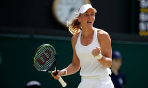 Liudmila Samsonova celebrates after winning a key point.