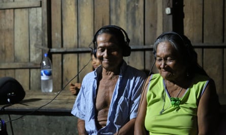 Lourival and Doña Joaquina, Simon McBurney’s hosts in Marajaí, listening to the binaural sound recordings.