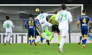Domenico Berardi (No 25) scores Sassuolo’s second goal at Verona.