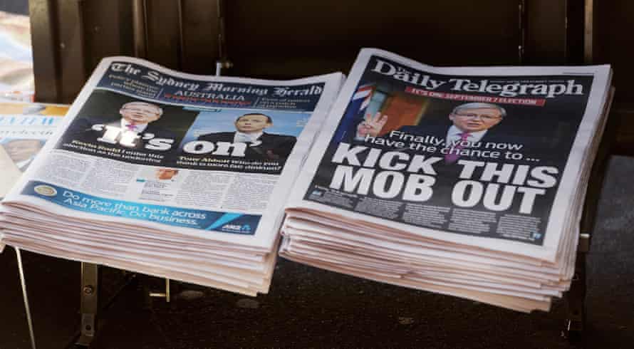 Rupert Murdoch’s Sydney Daily Telegraph newspaper (right), alongside the Sydney Morning Herald (left) on 5 August, 2013. The Daily Telegraph urges readers to ‘kick this mob out’.