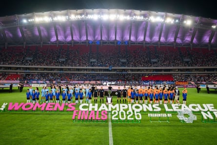 The Wuhan Jiangda and Melbourne City players line up ahead of the 2024/2025 AFC Women’s Champions League final in Wuhan, China.