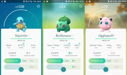 Pokémon Go screenshot Squirtle, Bulbasaur, Jigglypuff