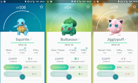 Pokemon Go screenshot showing Squirtle, Bulbasaur and Jigglypuff statistics cards