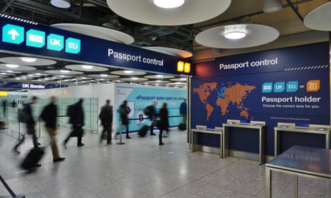The UK and European separate passport control and immigration lanes at Heathrow.
