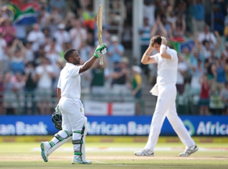 England bowler Steven Finn reacts as South African's Temba Bavuma celebrates his century at Cape Town in 2016