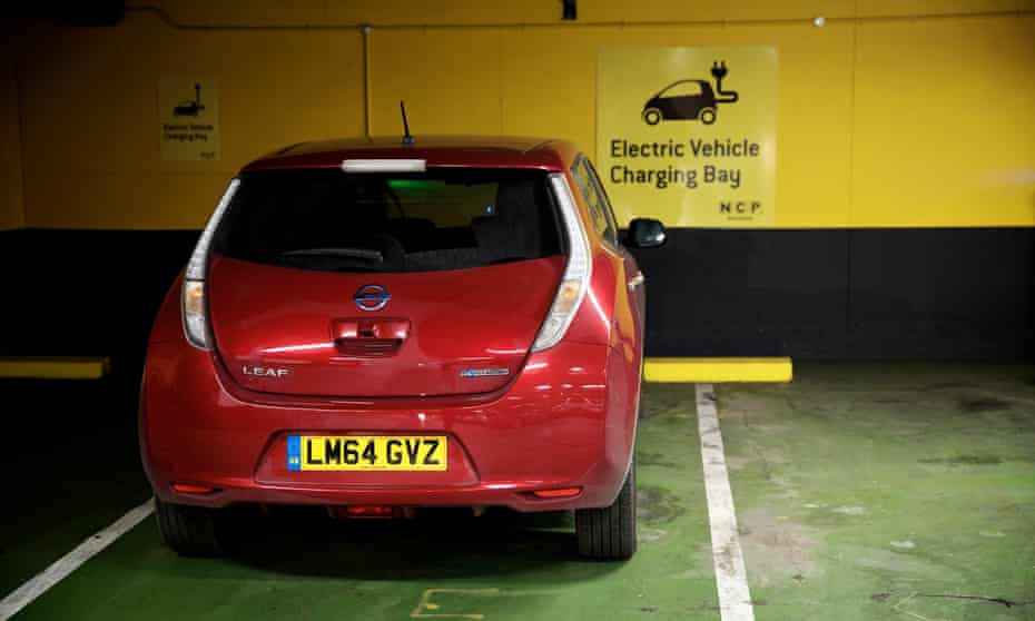 An electric car in an NCP parking bay with charging facilities
