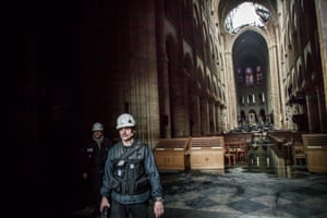 The inside of the damaged Notre Dame Cathedral.