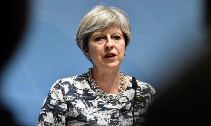 Britain’s Prime Minister Theresa May attends a press conference after the G20 Summit in Hamburg, Germany, July 8, 2017. / AFP PHOTO / John MACDOUGALLJOHN MACDOUGALL/AFP/Getty Images