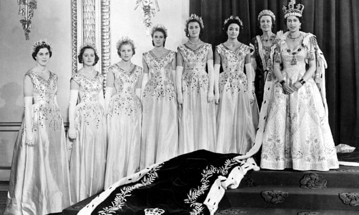 Queen Elizabeth II with her maids of honor after her coronation.