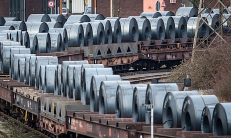 Coils mounted on train carriages at the ThyssenKrupp steel mill in Duisburg, Germany
