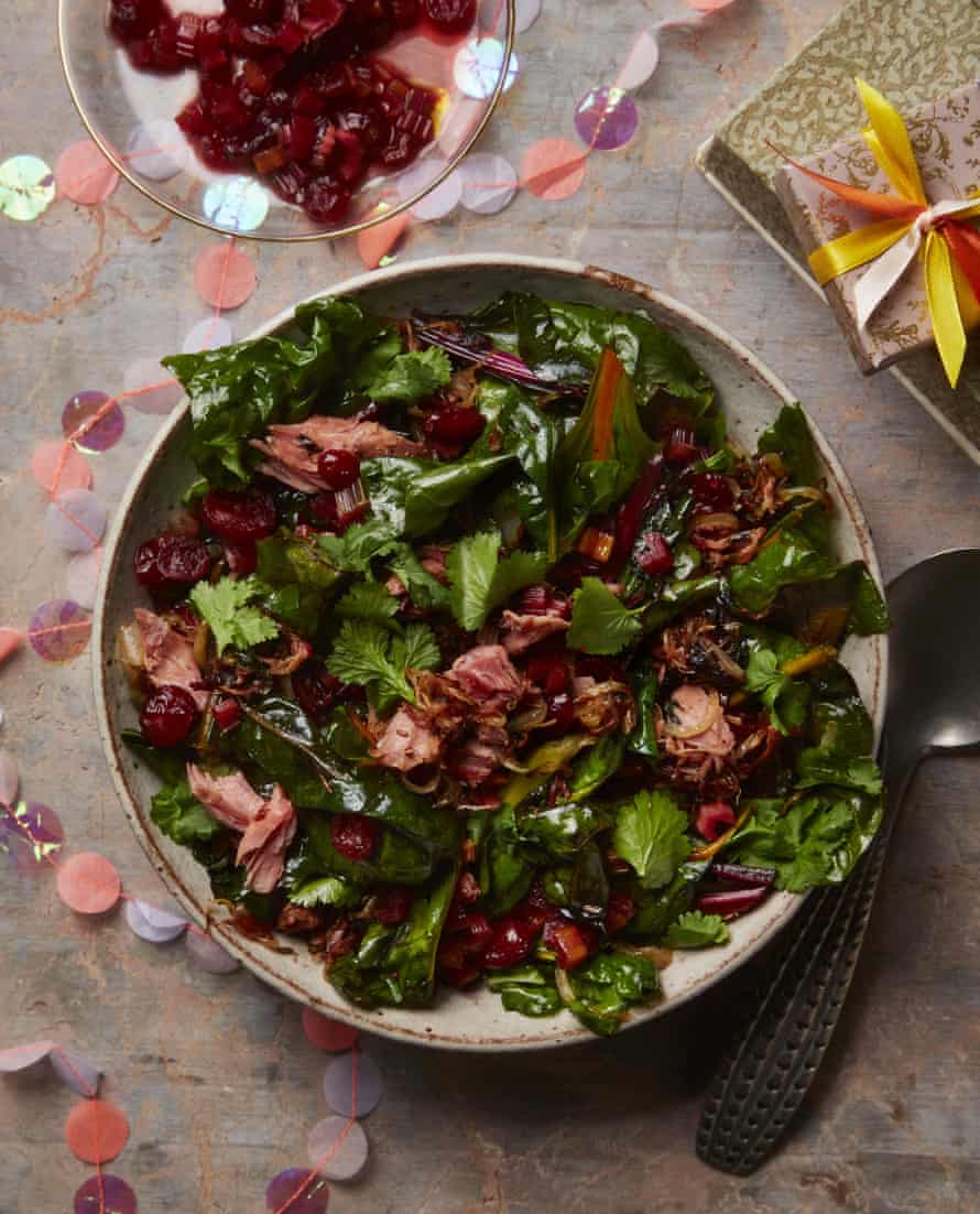 Yotam Ottolenghi’s sauteed swiss chard with ham hock and cranberry and chard stem pickle.
