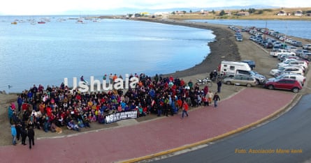 Salmon farming in Argentina ( Beagle channel ) story Kawésqar indigenous people protesting in Ushuaia