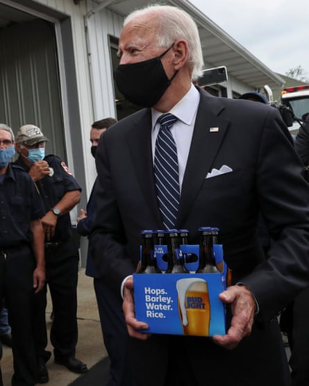 Joe Biden brings Bud Light beer to firefighters in Shanksville, Pennsylvania on 11 September 2020.