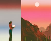 Illustration of a person holding a bag of ashes beside a mountain landscape beneath a pink sky