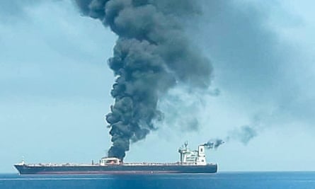 An oil tanker is seen after it was attacked at the Gulf of Oman, in waters between Gulf Arab states and Iran.