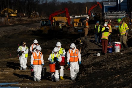 Ohio EPA and EPA contractors collect soil and air samples from the derailment site on 9 March 2023.