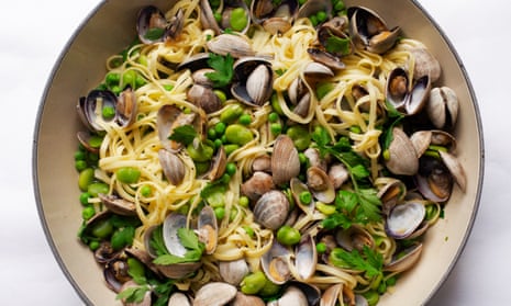Shell out: clams, broad beans and fettuccine.