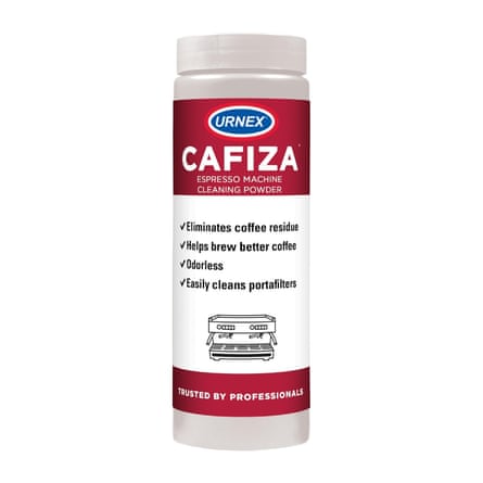 A jar of Urnex Cafiza espresso Machine Cleaning Powder