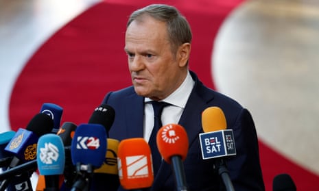 Polish prime minister Donald Tusk speaks to the media as he attends a European Union leaders special summit to discuss Ukraine and European defence, in Brussels.