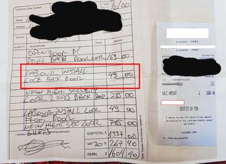 An example of an invoice overcharging for services from a rogue locksmith.