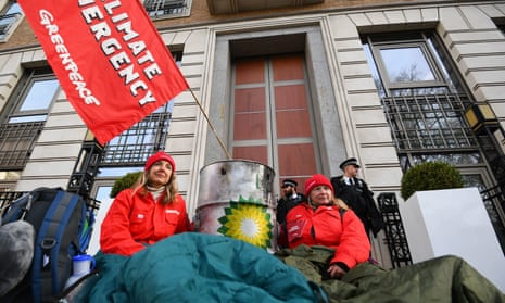 Greenpeace activists block the entrance to BP’s headquarters in February 2020 to mark Bernard Looney’s first day as chief executive. 