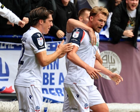 Sam Dalby of Bolton Wanderers celebrates scoring the opening goal against Preston in the Championship.