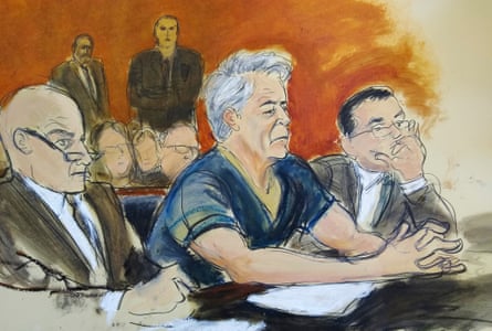 A courtroom artist’s sketch of defendant Jeffrey Epstein, center, with attorneys Martin Weinberg, left, and Marc Fernich during his arraignment in New York federal court, on 8 July 2019.