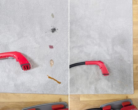 Before and after cleaning stains on a short pile rug with the Rug Doctor portable spot cleaner.
