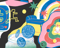 An illustration depicting meditation, budgeting, therapy and running.