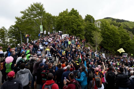 Riders climb the Alpe San Pellegrino during stage 11