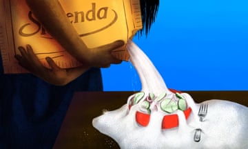 Graphic illustration of a person holding a massive bag of Splenda and pouring it onto and overflowing a bowl of cut cucumbers.