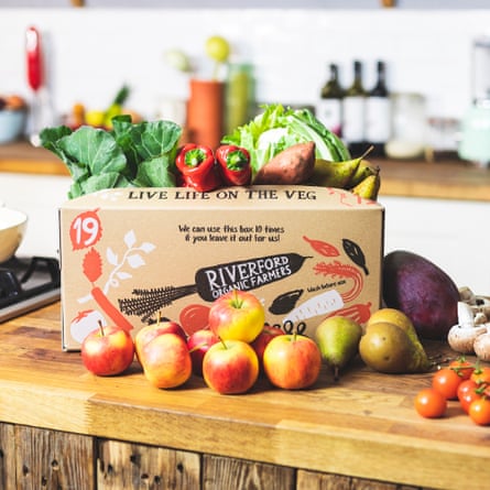 Riverford organic vegetable box on a kitchen table