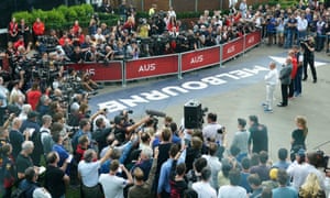Michael Masi, FIA race director; Paul Little, chair of Australian Grand Prix Corporation; Andrew Wesatcott, AGPC CEO; and Chase Carey, F1 Group chairman speak to the media.