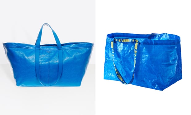 The Balenciaga Carry Shopper bag (£1,365), left; the Ikea Frakta bag (£0.40). Composite: Balenciaga/Ikea  