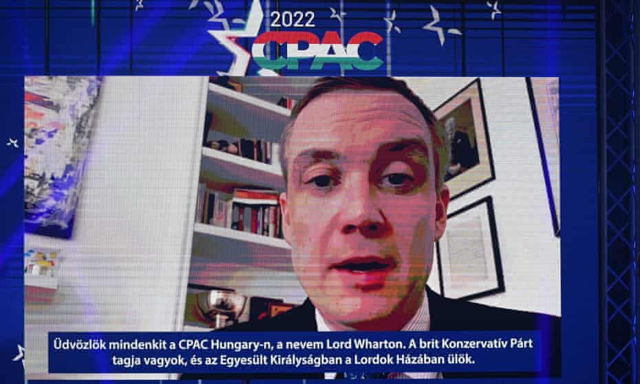 James Wharton speaks via a video link at the Conservative Political Action Conference in Budapest, Hungary.