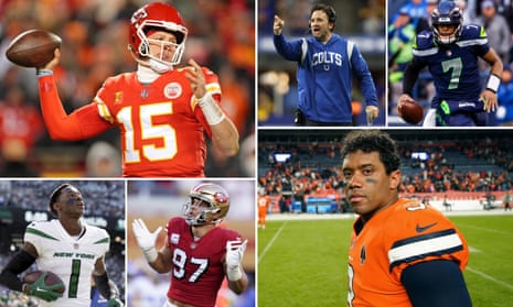 Men who have made lasting impressions on the NFL season, in their own particular way. Clockwise from left; Patrick Mahomes, Jeff Saturday, Geno Smith, Russell Wilson, Nick Bosa, Sauce Gardner
