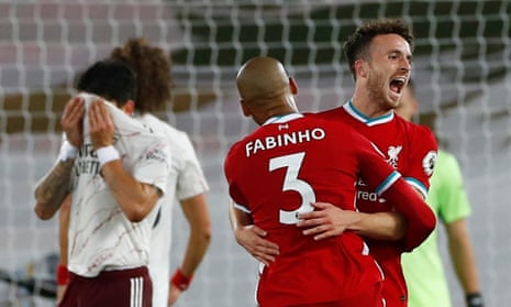 Diogo Jota celebrates with Fabinho after coming off the bench to open his Liverpool account.