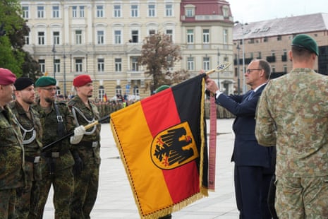 German Chancellor Friedrich Merz participates in the inauguration of the German 45th Armored Brigade "Lietuva" in Vilnius, Lithuania.