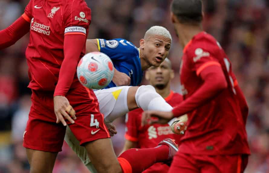 Everton’s Richarlison battles against a massed defence at Anfield as Liverpool win 2-0