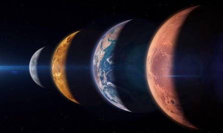 The sun lighting the sides of Mercury, Venus, Earth and Mars