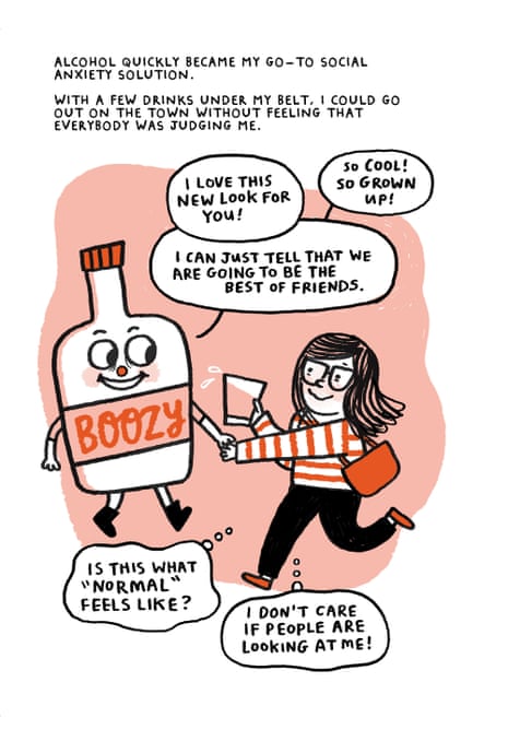 Illustration of a woman holding hands with a bottle labelled ‘Boozy’, showing her relationship with alcohol