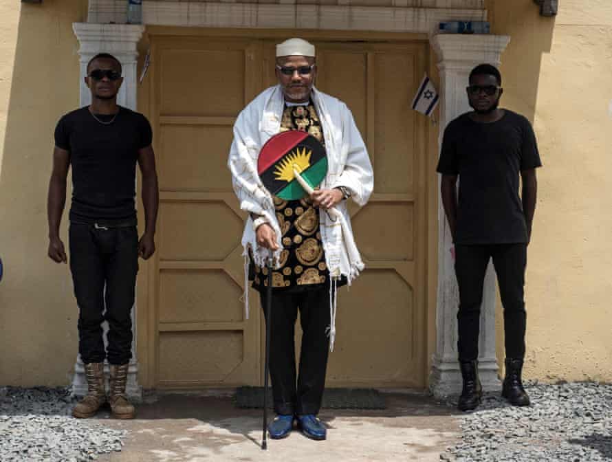 Nnamdi Kanu (centre), leader of the Indigenous People of Biafra (IPOB) in Umuahia, south-east Nigeria, in 2017.