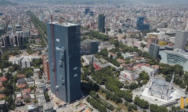 Value engineered … Downtown One under construction, with its relief map greatly reduced.