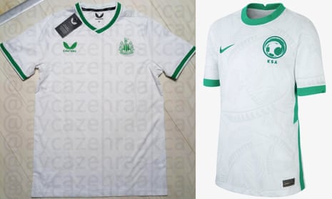 A leaked image purporting to show Newcastle’s 2022-23 away kit designed by Castore, and Saudi Arabia’s football shirt.