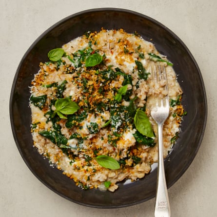 Yotam Ottolenghi’s barley risotto with lemon, spinach and breadcrumbs.